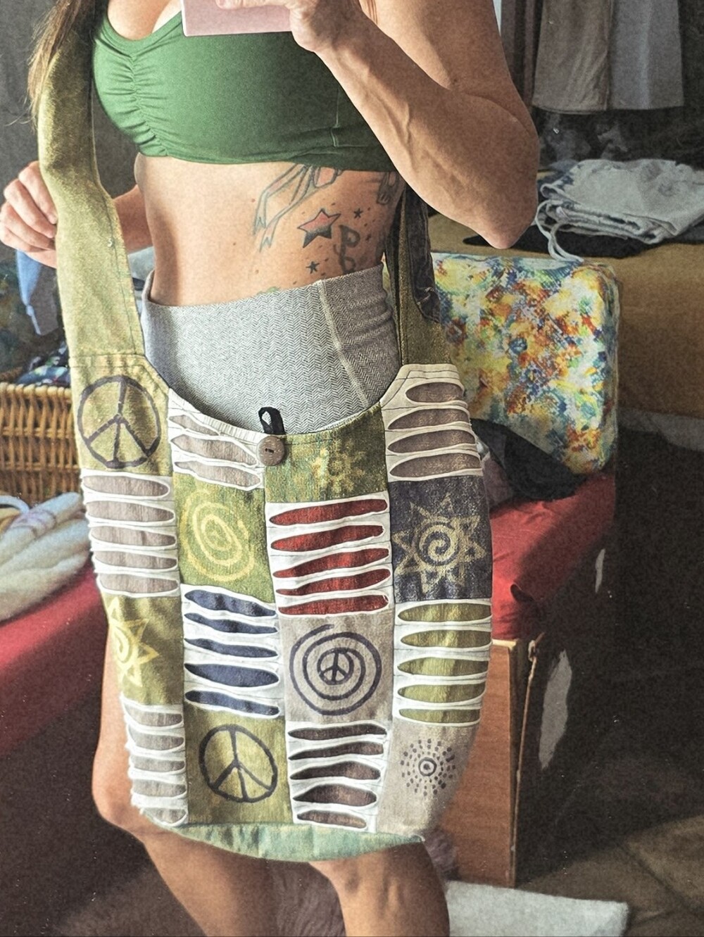 Boho Patchwork Bag in Multi Green And Neutral Colors